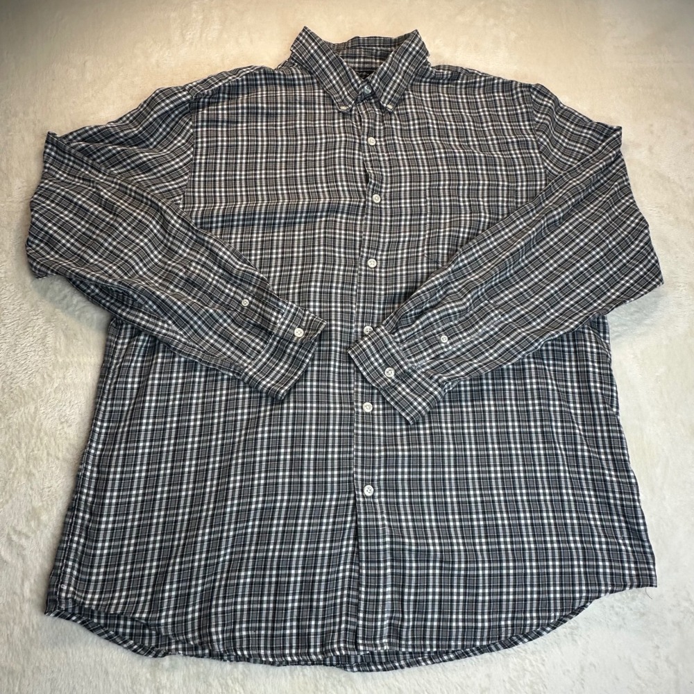Chaps Mens XL Long Sleeve Button Down Shirt Black Gray Plaid Cotton Blend